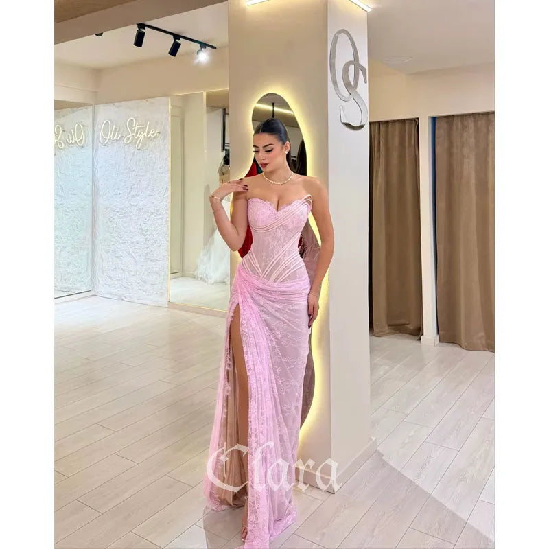 Clara Customized Pink Floral Lace Mermaid Prom Dress – Sleeveless Floor-Length Evening Gown with High Slit, Elegant Formal Dress