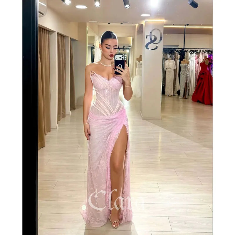 Clara Customized Pink Floral Lace Mermaid Prom Dress – Sleeveless Floor-Length Evening Gown with High Slit, Elegant Formal Dress