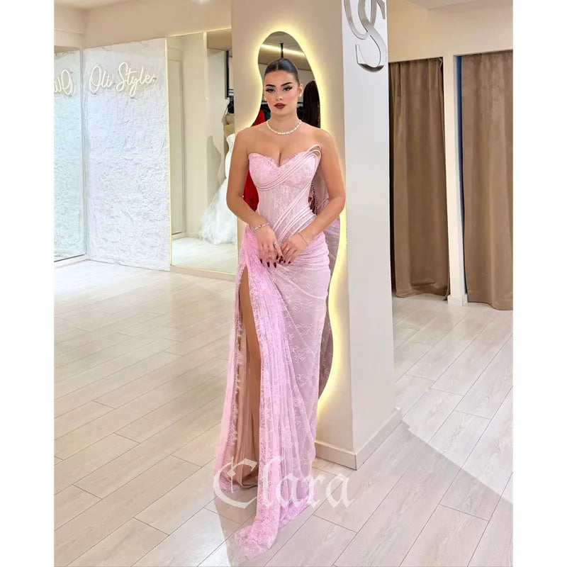 Clara Customized Pink Floral Lace Mermaid Prom Dress – Sleeveless Floor-Length Evening Gown with High Slit, Elegant Formal Dress