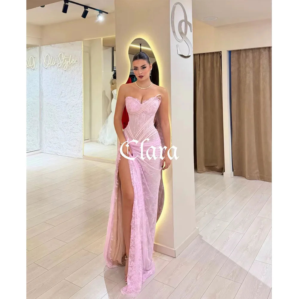 Clara Customized Pink Floral Lace Mermaid Prom Dress – Sleeveless Floor-Length Evening Gown with High Slit, Elegant Formal Dress