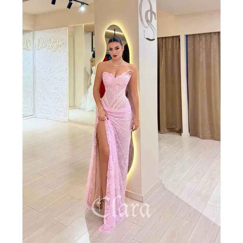 Clara Customized Pink Floral Lace Mermaid Prom Dress – Sleeveless Floor-Length Evening Gown with High Slit, Elegant Formal Dress