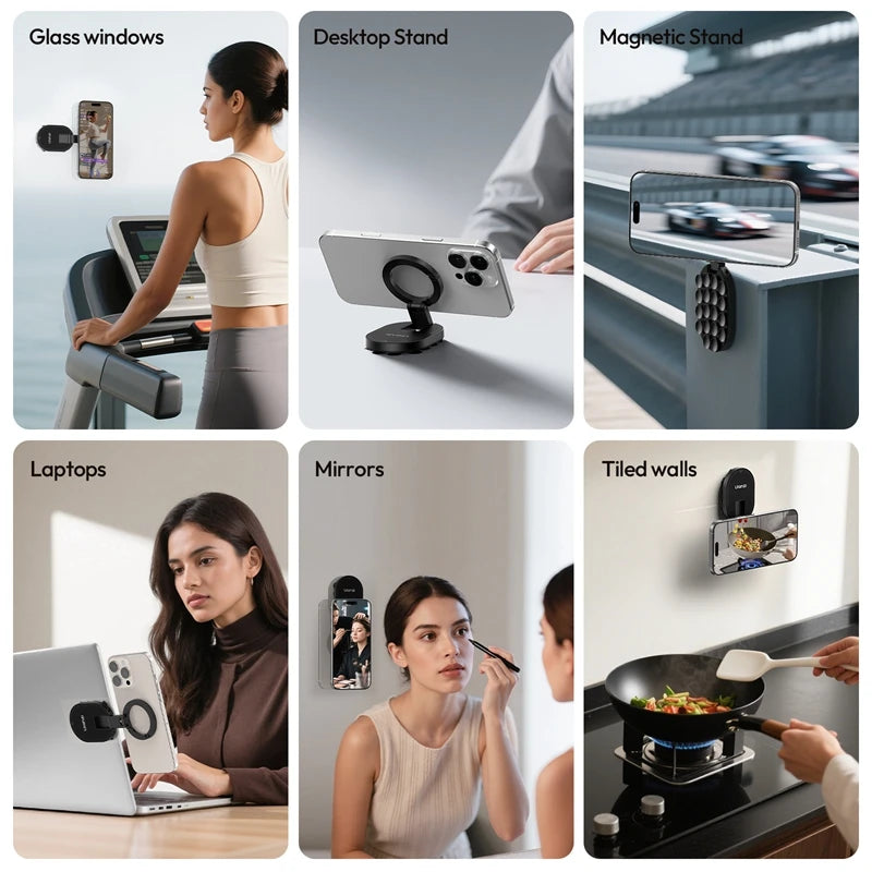 3-in-1 Magnetic Phone Holder with Suction Cup & Ring – 360° Rotatable, Foldable & Portable, Strong Grip with 18 Suction Discs, Carabiner Style Design
