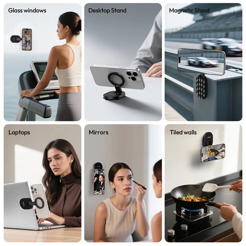 3-in-1 Magnetic Phone Holder with Suction Cup & Ring – 360° Rotatable, Foldable & Portable, Strong Grip with 18 Suction Discs, Carabiner Style Design