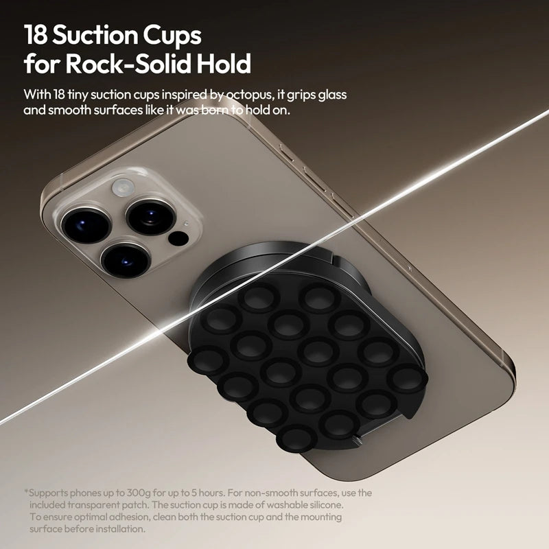 3-in-1 Magnetic Phone Holder with Suction Cup & Ring – 360° Rotatable, Foldable & Portable, Strong Grip with 18 Suction Discs, Carabiner Style Design