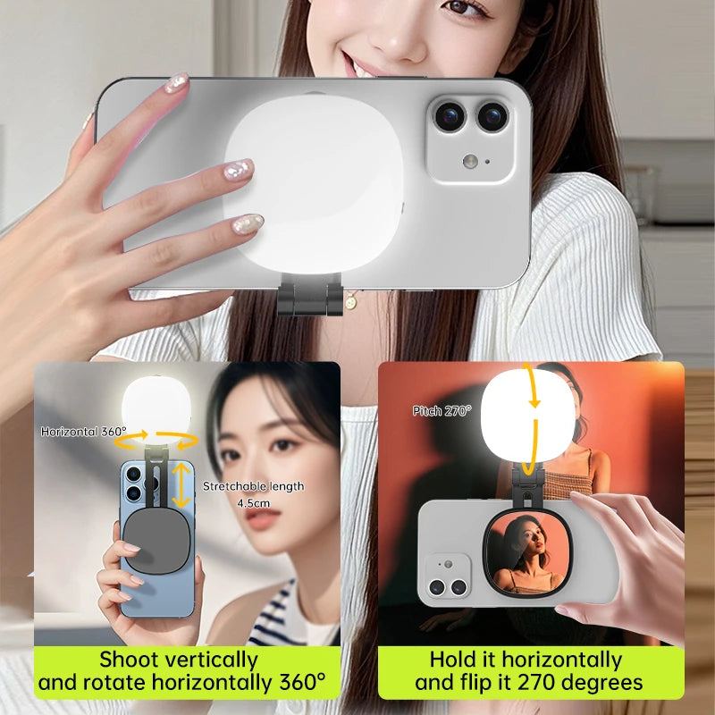 Miroir Selfie Magnétique Multifonction pour Smartphone avec Lumière LED Bicolore Réglable et Support Ajustable