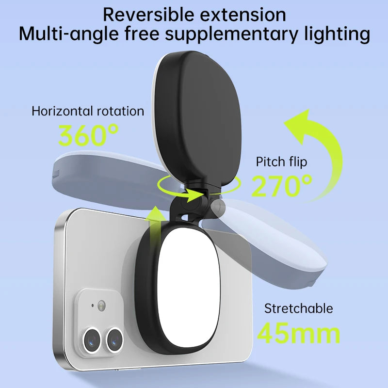 Miroir Selfie Magnétique Multifonction pour Smartphone avec Lumière LED Bicolore Réglable et Support Ajustable
