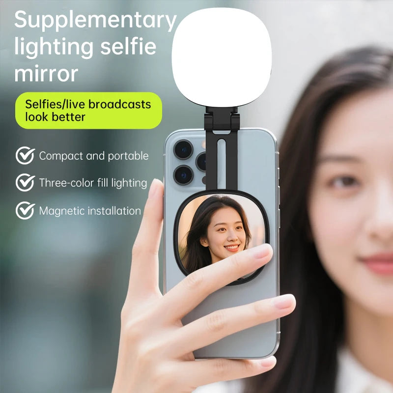 Miroir Selfie Magnétique Multifonction pour Smartphone avec Lumière LED Bicolore Réglable et Support Ajustable
