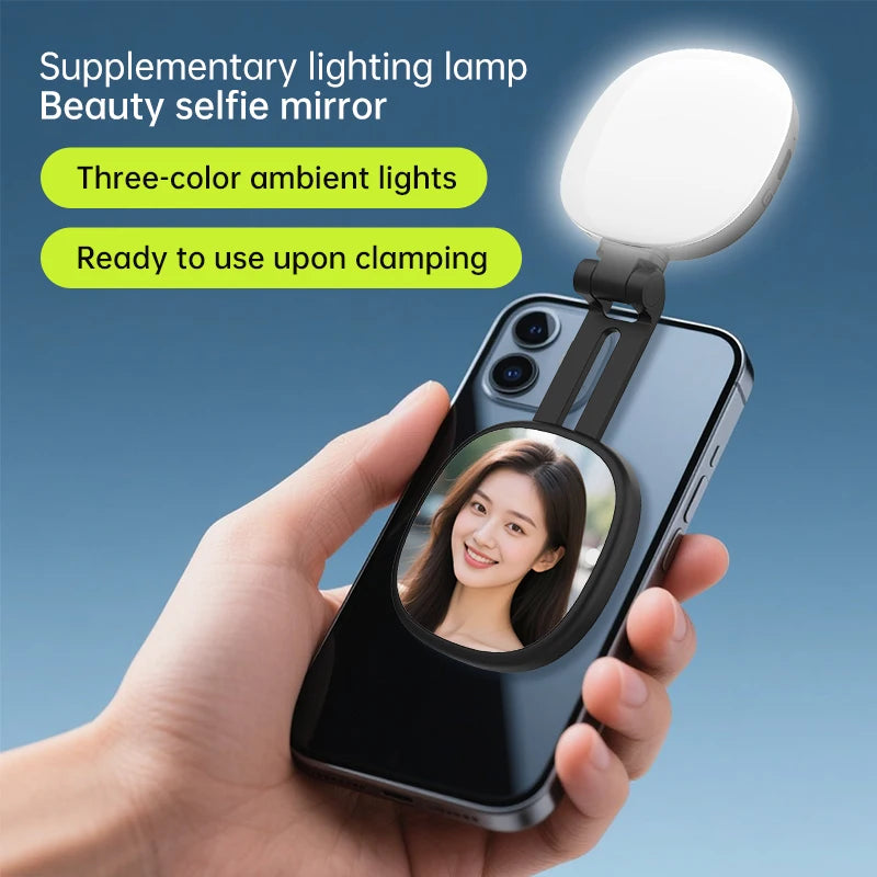 Miroir Selfie Magnétique Multifonction pour Smartphone avec Lumière LED Bicolore Réglable et Support Ajustable