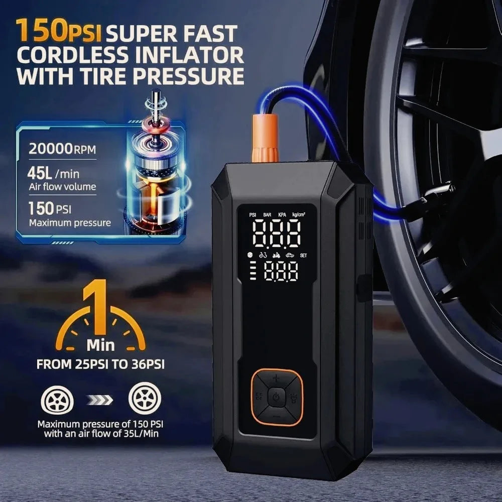Car Jump Starter 4000A avec Compresseur 150PSI – Power Bank Portable & Gonfleur de Pneus avec LED