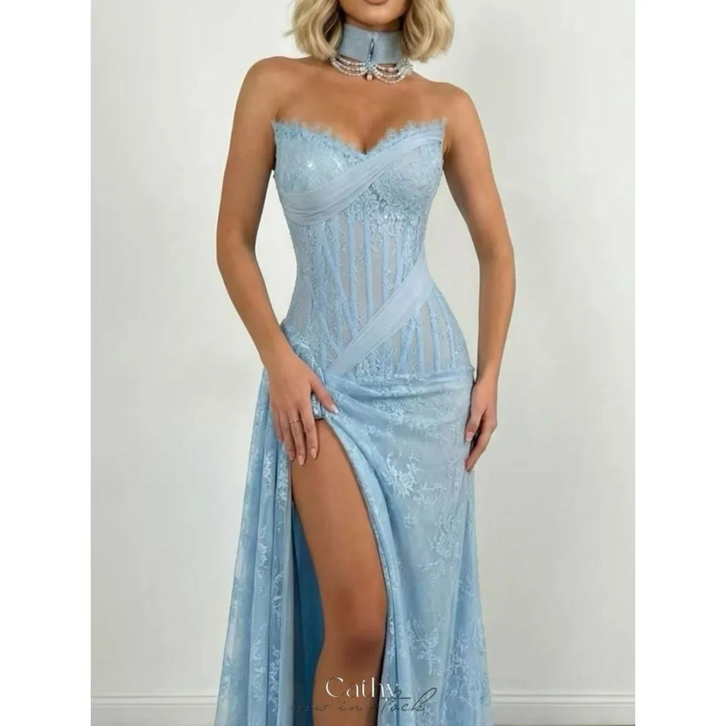 Cathy Customized Sky Blue Lace Prom Dress 2026 – Mermaid Sleeveless Floor-Length Evening Gown with High Slit, Elegant Formal Dress